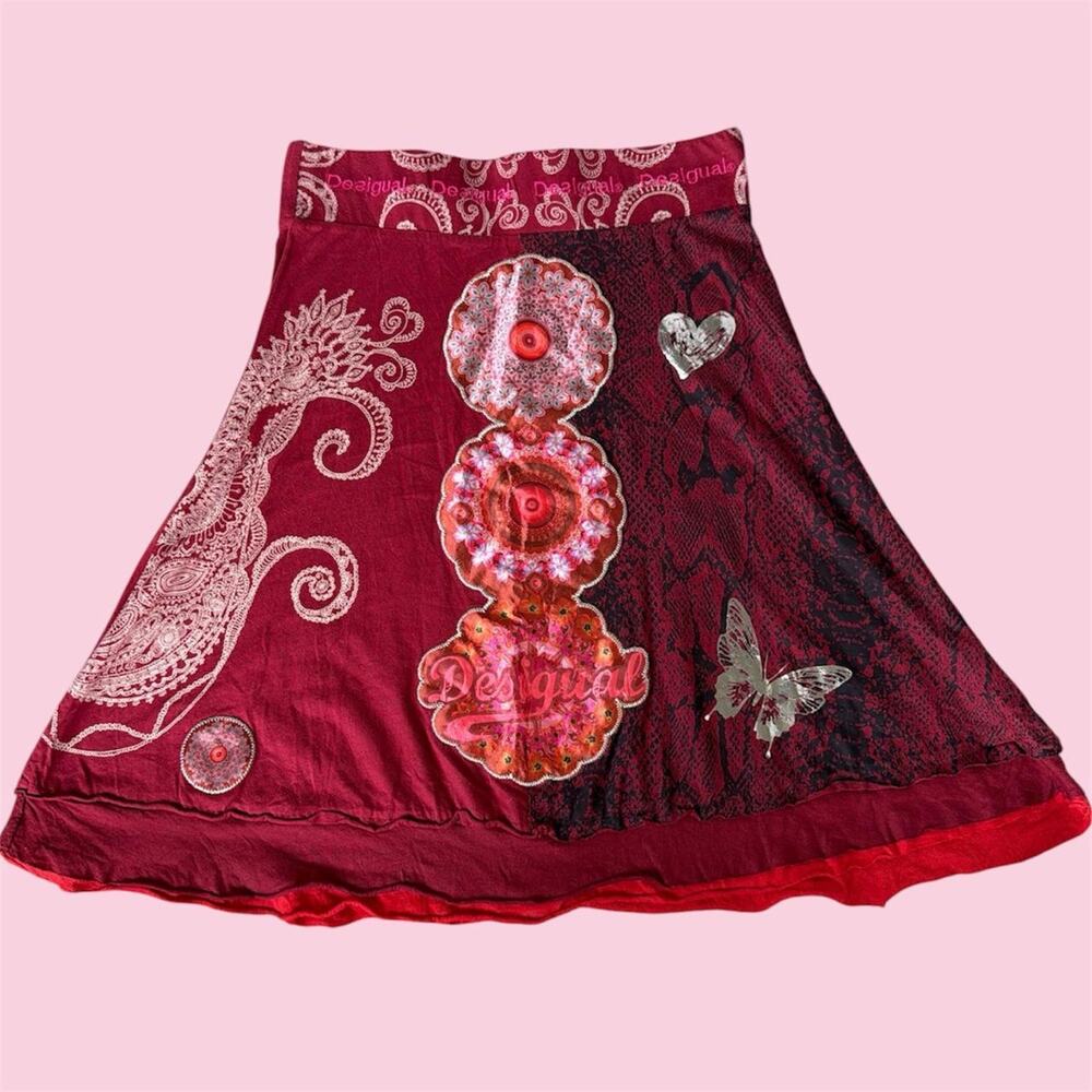 Desigual Red and burgundy skirt with white paisley and butterfly embroidery
